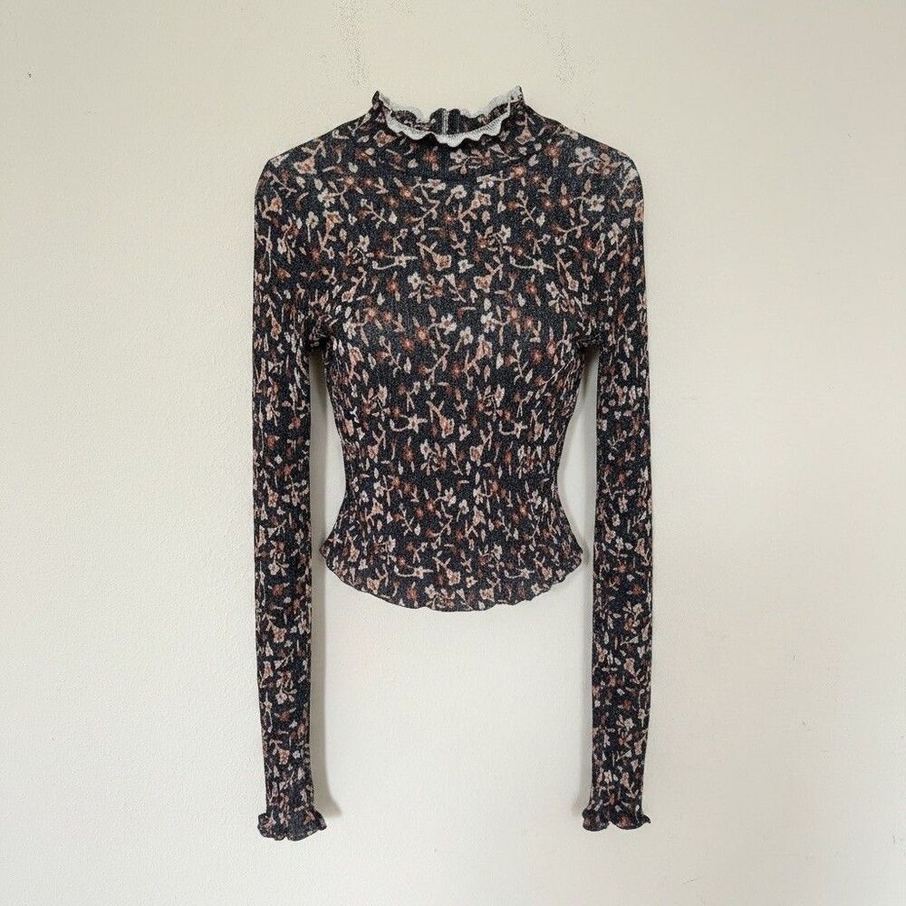 Zara Dark Floral Knit Sheer Top M Fairy Grunge Coquette Whimsigoth Mock Neck